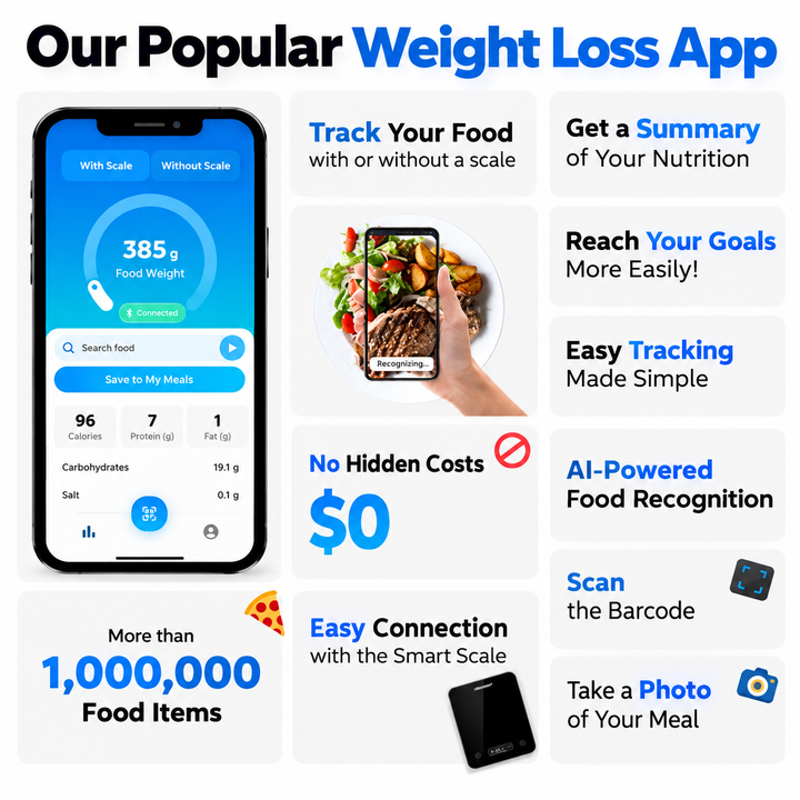 Digital Kitchen Scale with App Connectivity | Barcode Scanner &amp; Photo Recognition | Real-Time Calorie &amp; Nutrient Tracking