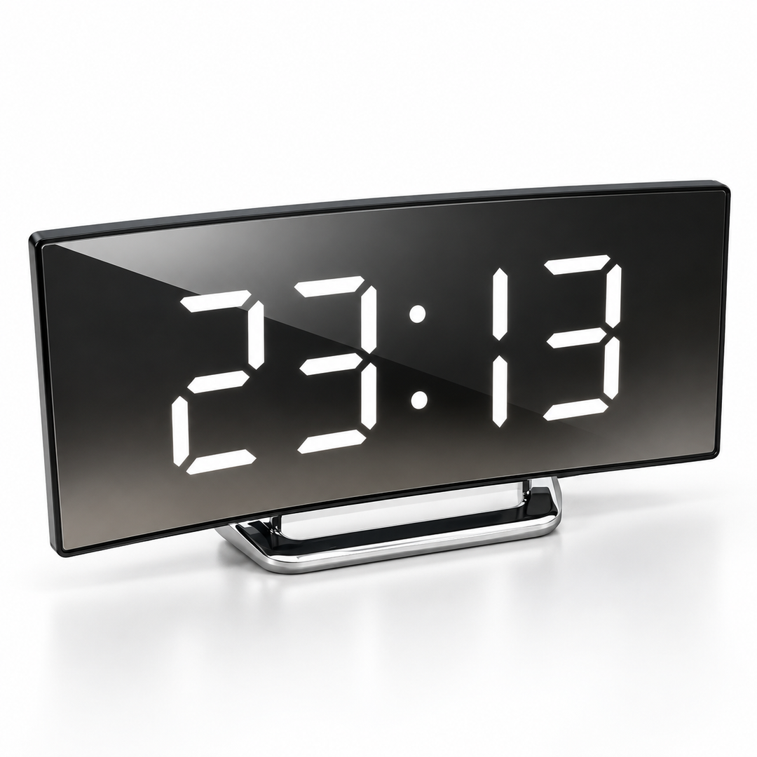 Digital Alarm Clock LED Mirror Display | Curved Screen with Adjustable Brightness | Snooze Function for Bedside or Desk 4
