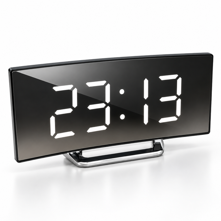 Digital Alarm Clock LED Mirror Display | Curved Screen with Adjustable Brightness | Snooze Function for Bedside or Desk 4