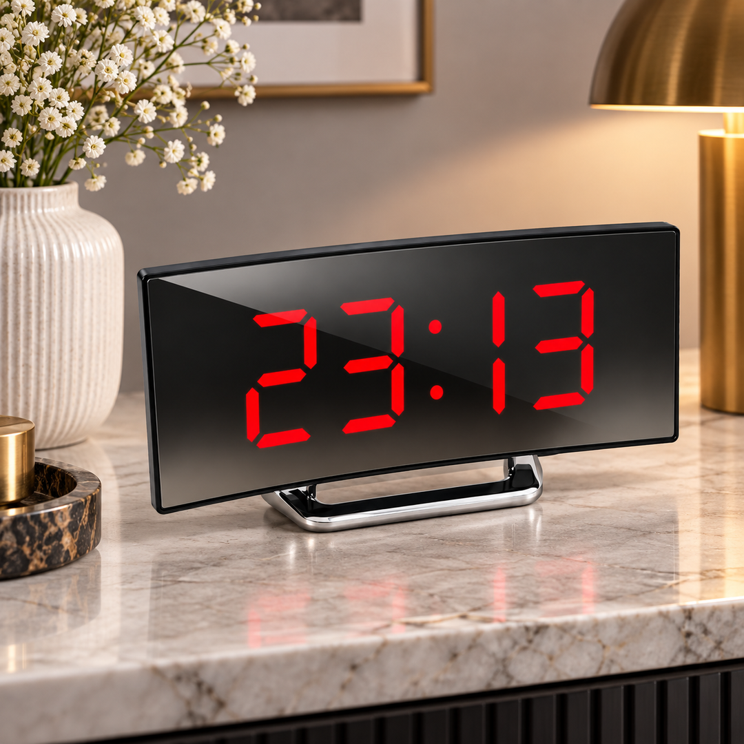 Digital Alarm Clock LED Mirror Display | Curved Screen with Adjustable Brightness | Snooze Function for Bedside or Desk 3