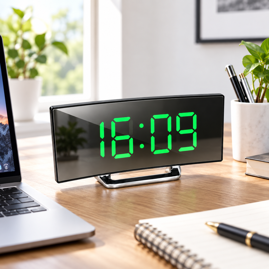 Digital Alarm Clock LED Mirror Display | Curved Screen with Adjustable Brightness | Snooze Function for Bedside or Desk 1