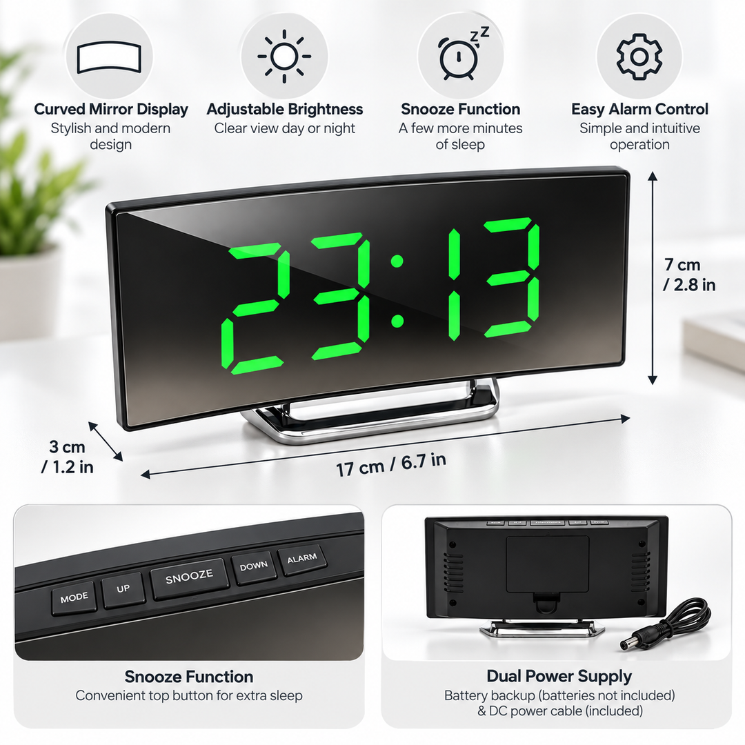 Digital Alarm Clock LED Mirror Display | Curved Screen with Adjustable Brightness | Snooze Function for Bedside or Desk 7