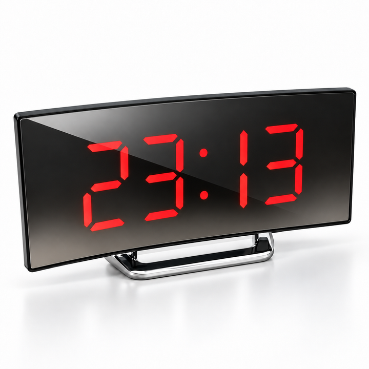 Digital Alarm Clock LED Mirror Display | Curved Screen with Adjustable Brightness | Snooze Function for Bedside or Desk 5