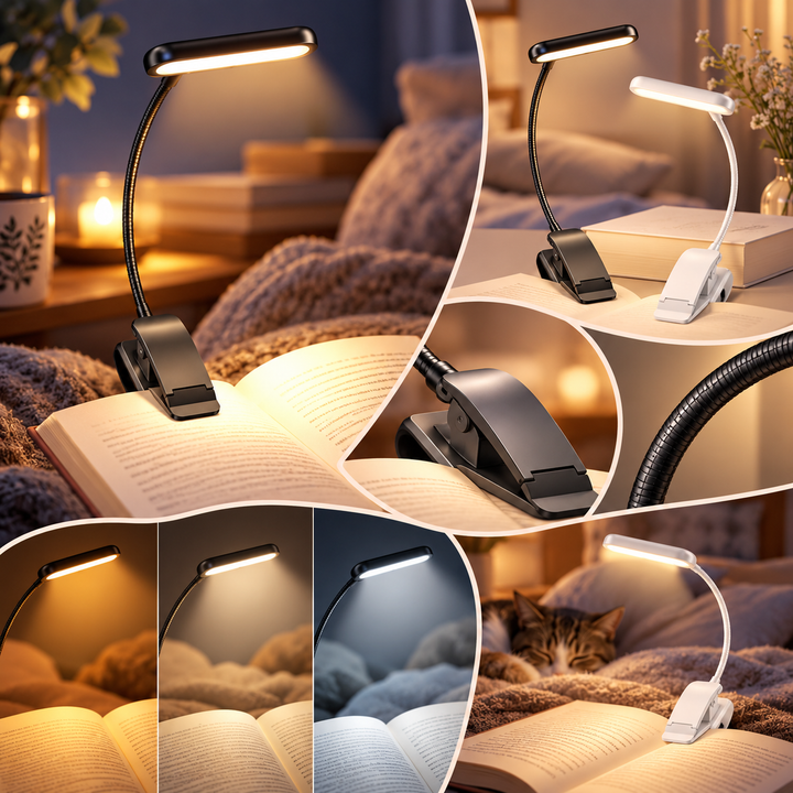 Dimmable Clip Reading Lamp | Flexible Neck, 3 Colour Temperatures | USB Rechargeable, 10 Brightness Levels, Clip-On Mount 3