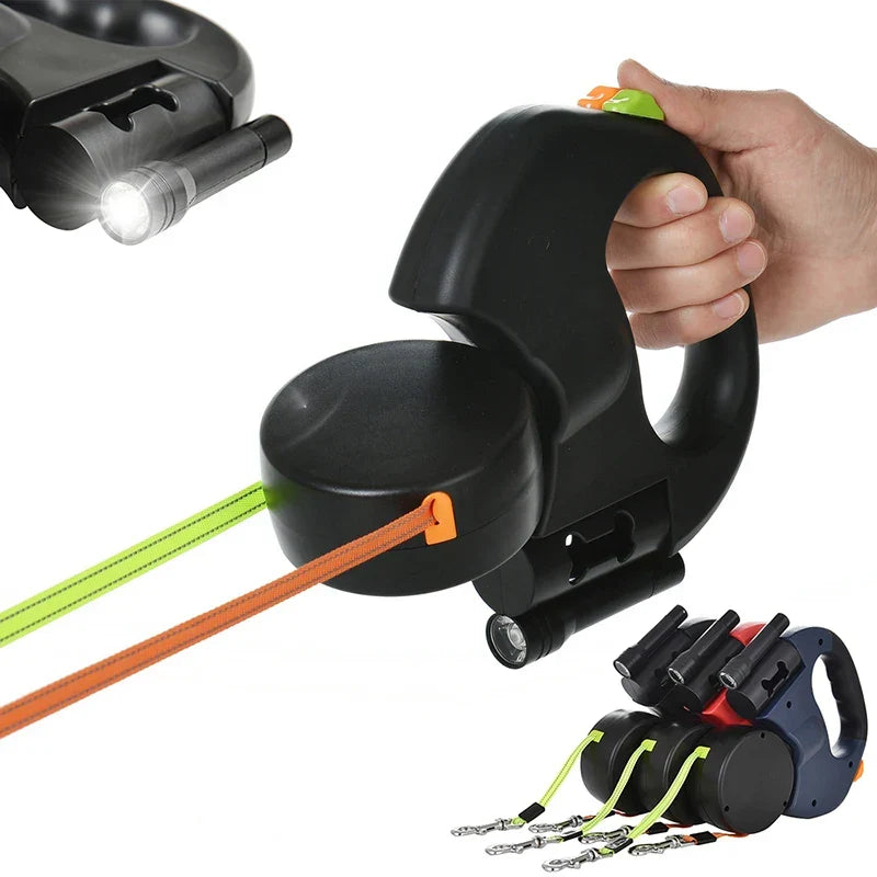 Double Dog Leash with LED Light | 360° Swivel Anti-Tangle, 3m Retractable Per Side | Reflective for Night Walks