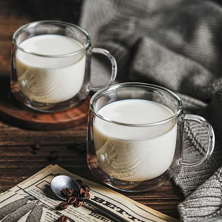 Double Wall Glass Coffee Mugs | Set of 4 | 300ml | Borosilicate | Thermal Insulation | Dishwasher Safe