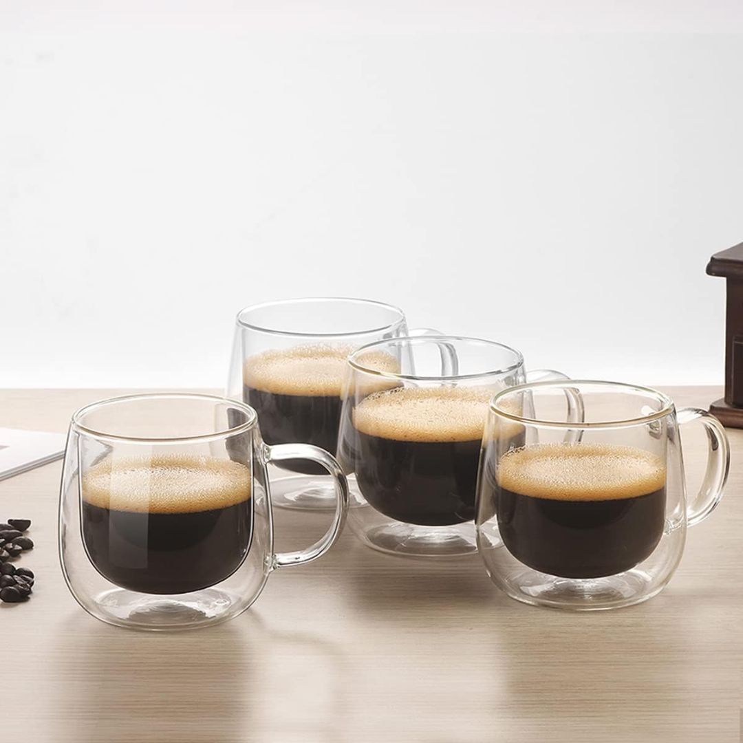 Double Wall Glass Coffee Mugs | Set of 4 | 300ml | Borosilicate | Thermal Insulation | Dishwasher Safe