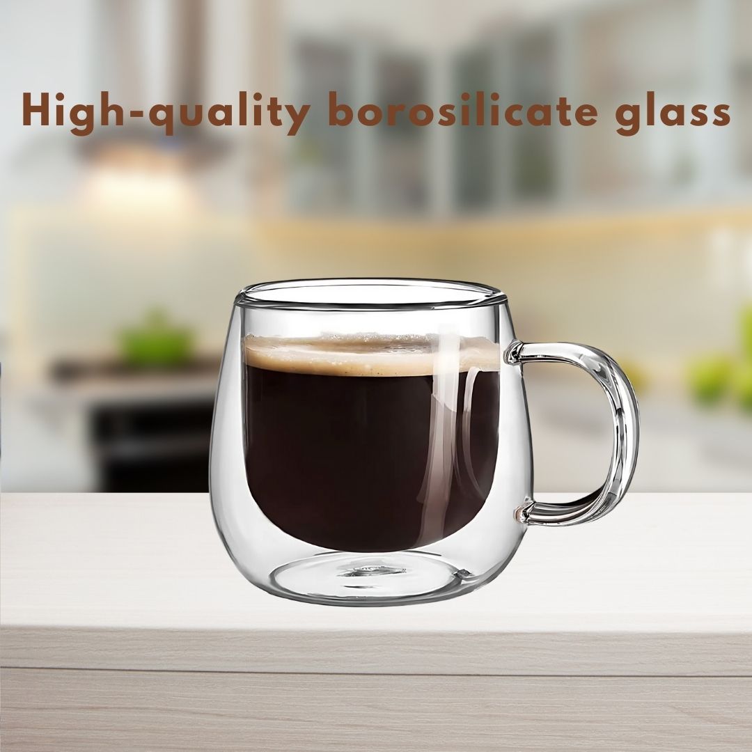 Double Wall Glass Coffee Mugs | Set of 4 | 300ml | Borosilicate | Thermal Insulation | Dishwasher Safe