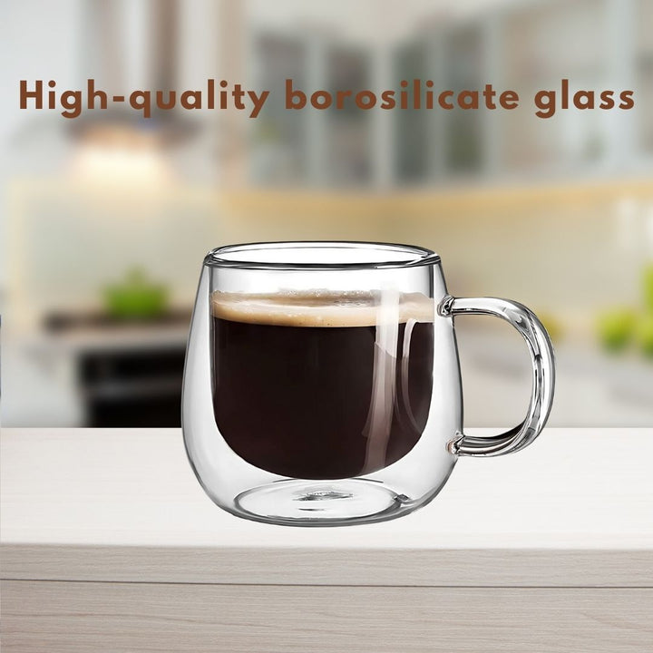 Double Wall Glass Coffee Mugs | Set of 4 | 300ml | Borosilicate | Thermal Insulation | Dishwasher Safe