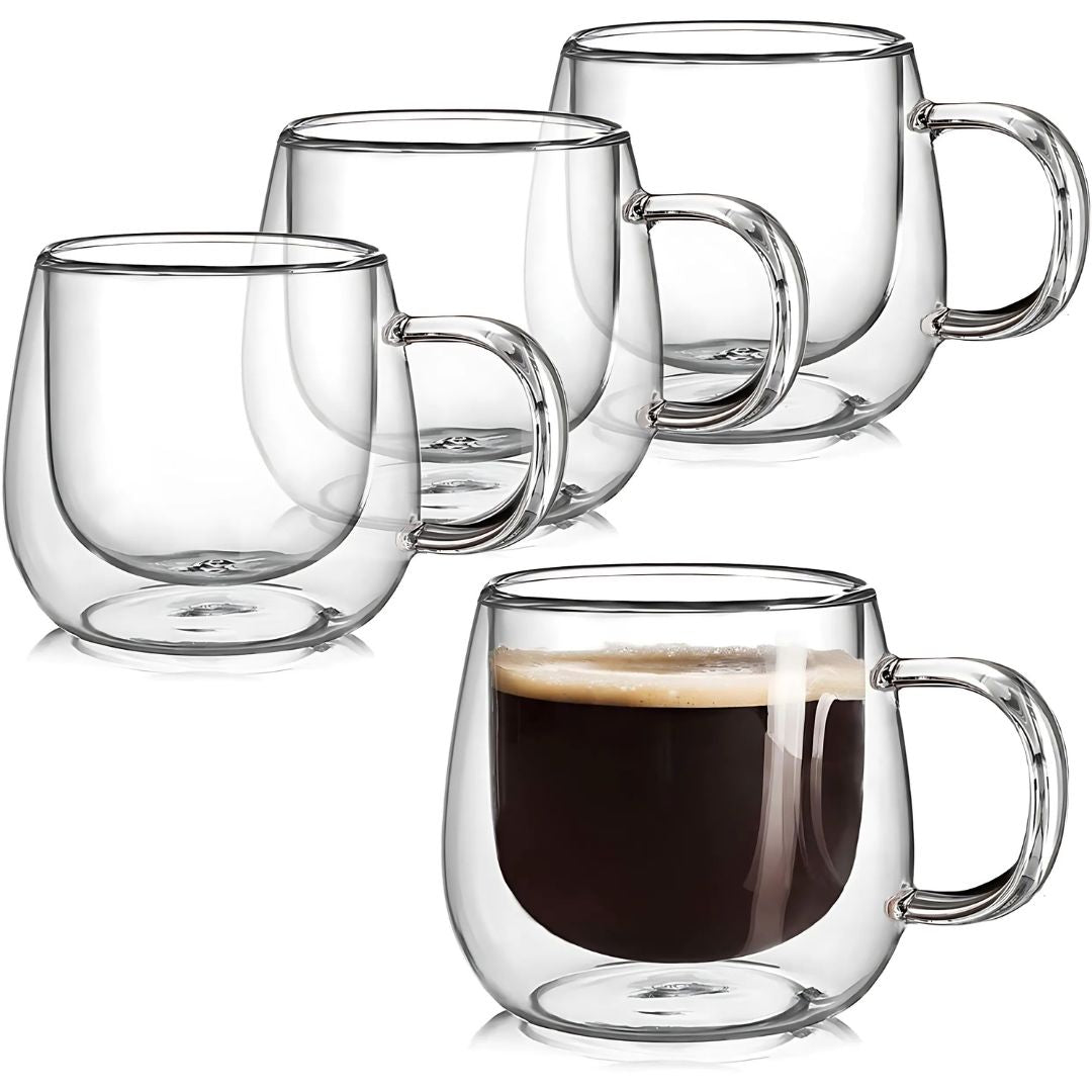 Double Wall Glass Coffee Mugs | Set of 4 | 300ml | Borosilicate | Thermal Insulation | Dishwasher Safe
