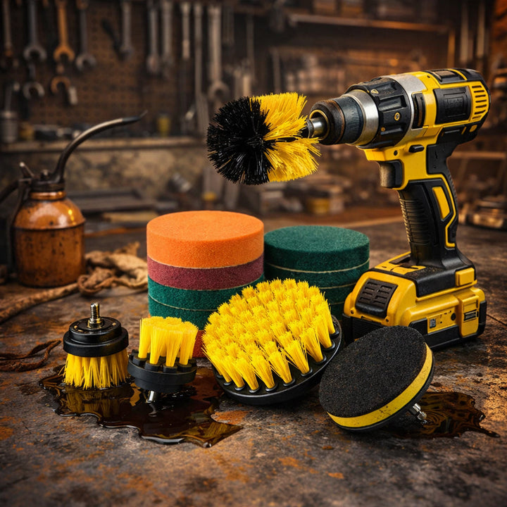 Drill Cleaning Brush Set Nylon | 12 Interchangeable Heads for Hex Shank Drills &amp; Screwdrivers | Scratch-Free Deep Clean