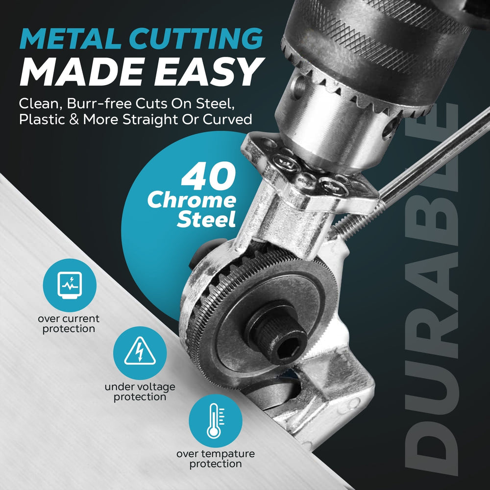 Drill Metal Cutter Attachment, Chrome Steel | Dual Cutting Wheels, Hexagonal Shank | Clean Burr-Free Sheet Metal Cuts