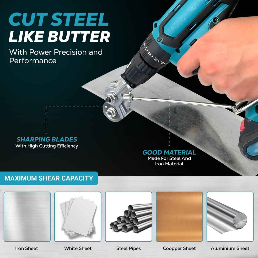 Drill Metal Cutter Attachment, Chrome Steel | Dual Cutting Wheels, Hexagonal Shank | Clean Burr-Free Sheet Metal Cuts
