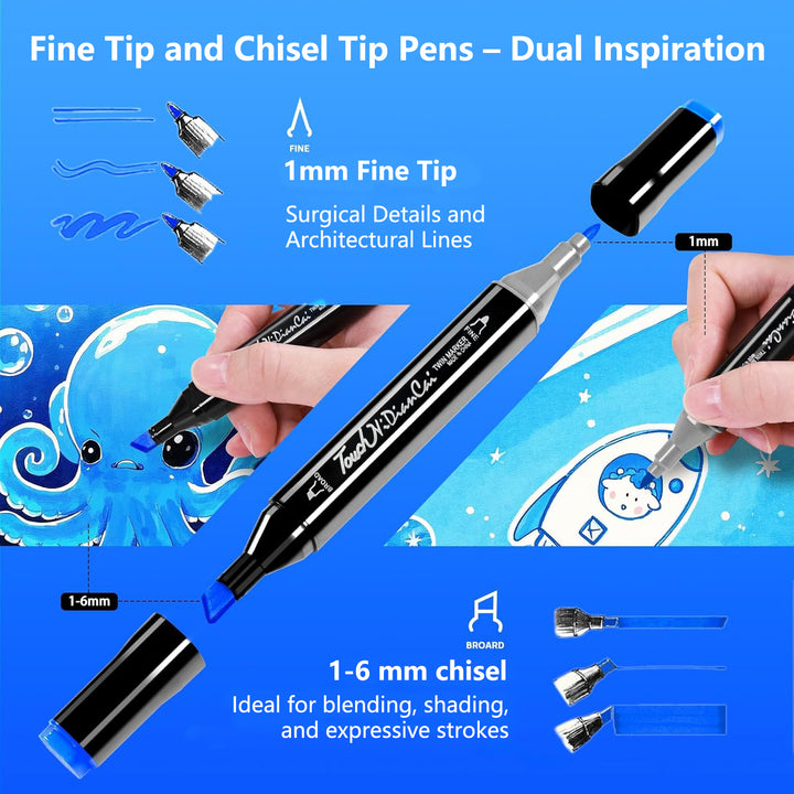 Dual Tip Alcohol Markers Set | Fine &amp; Broad Tips with Blender Pen | Smooth Blending for Drawing and Colouring Projects