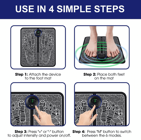 EMS Foot Massage Mat | 9 Adjustable Intensity Modes | USB Rechargeable for Circulation, Muscle Recovery and Stress Relief