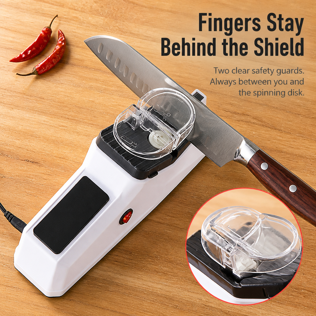 Electric Knife Sharpener USB-Powered | Two Clear Safety Shields | Sharpens Knives &amp; Scissors in Under a Minute