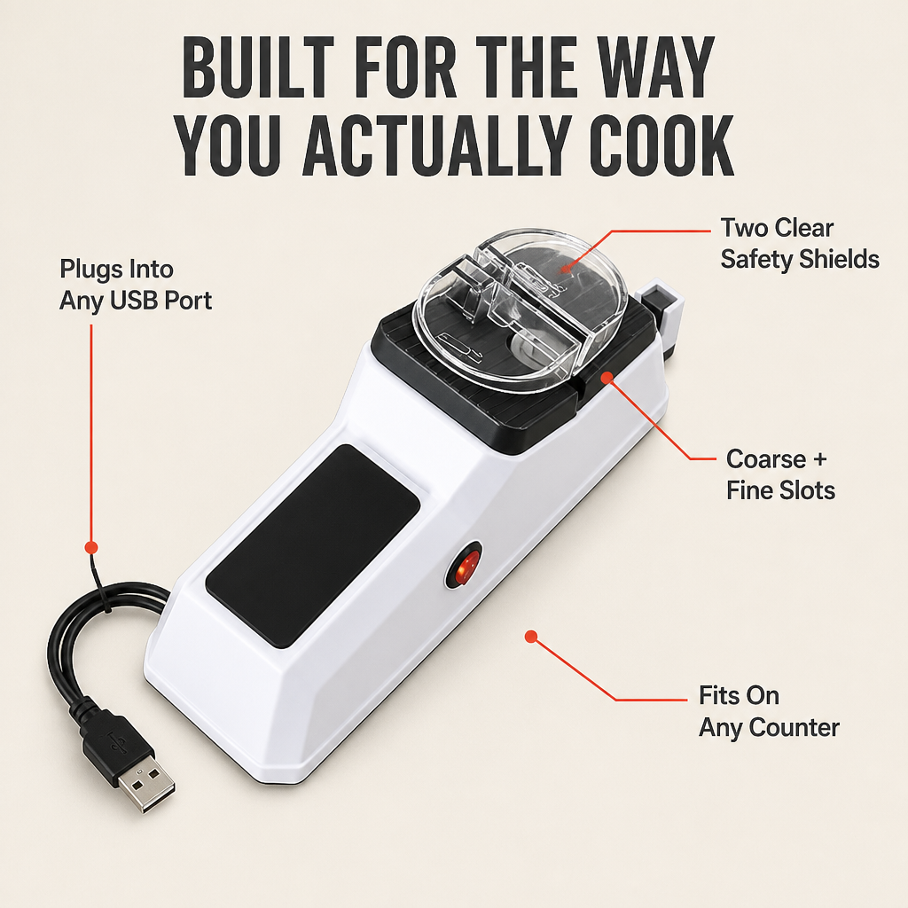 Electric Knife Sharpener USB-Powered | Two Clear Safety Shields | Sharpens Knives &amp; Scissors in Under a Minute