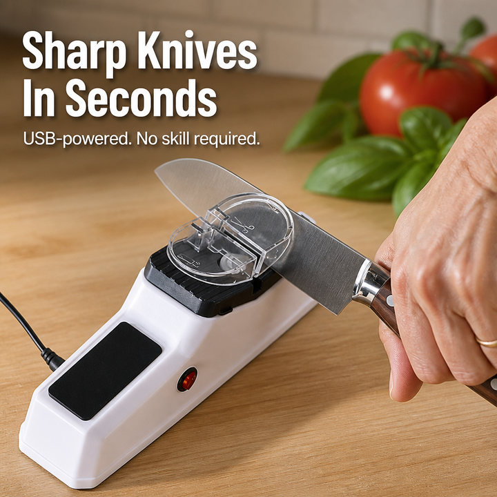 Electric Knife Sharpener USB-Powered | Two Clear Safety Shields | Sharpens Knives &amp; Scissors in Under a Minute