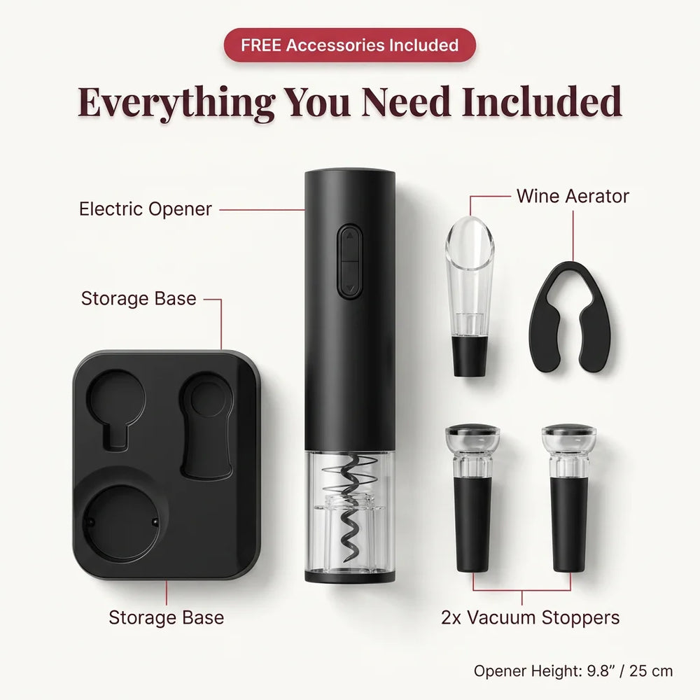 Electric Wine Bottle Opener Stainless Steel | One-Touch Cork Removal with Foil Cutter & Aerator | Effortless Wine Service Set
