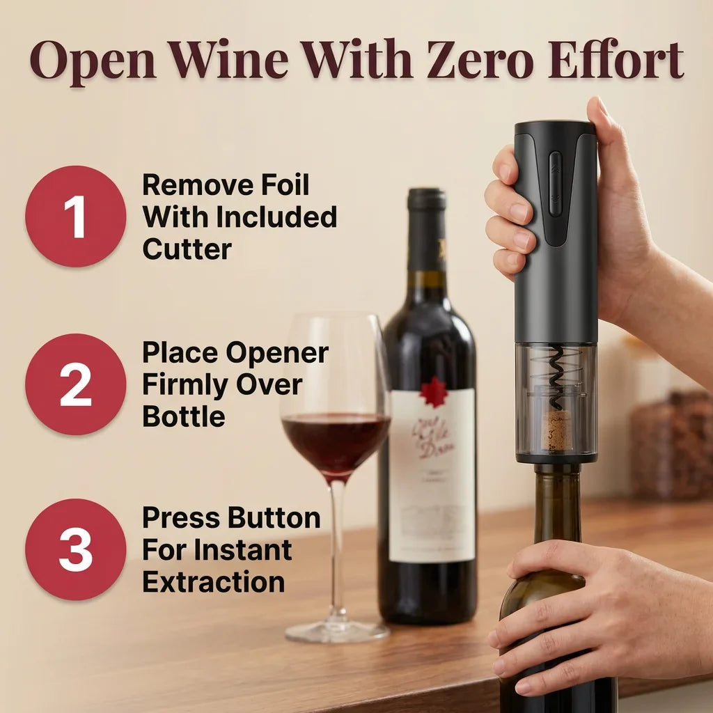 Electric Wine Bottle Opener Stainless Steel | One-Touch Cork Removal with Foil Cutter &amp; Aerator | Effortless Wine Service Set