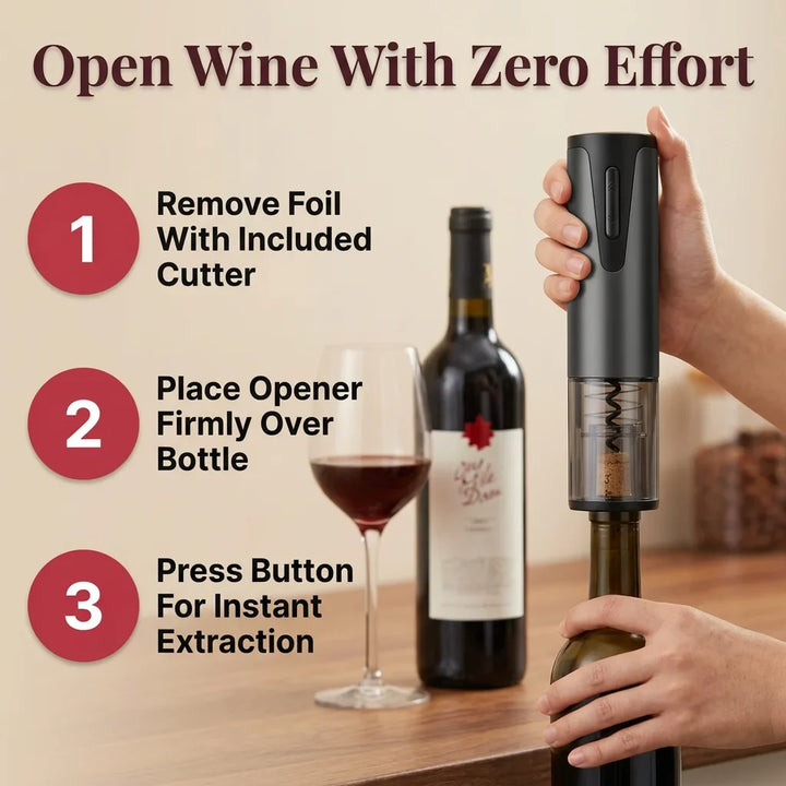 Electric Wine Bottle Opener Stainless Steel | One-Touch Cork Removal with Foil Cutter &amp; Aerator | Effortless Wine Service Set