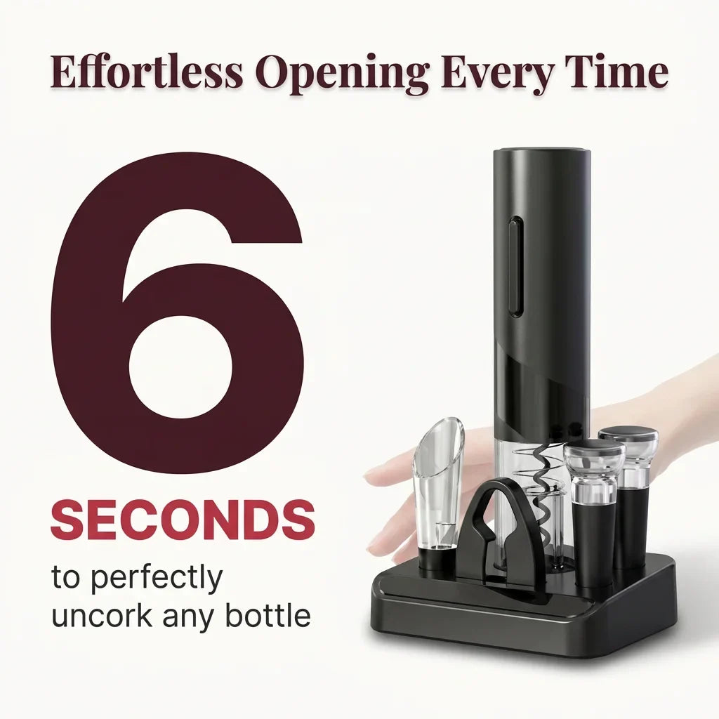Electric Wine Bottle Opener Stainless Steel | One-Touch Cork Removal with Foil Cutter &amp; Aerator | Effortless Wine Service Set