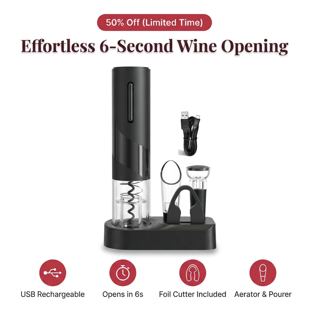 Electric Wine Bottle Opener Stainless Steel | One-Touch Cork Removal with Foil Cutter & Aerator | Effortless Wine Service Set