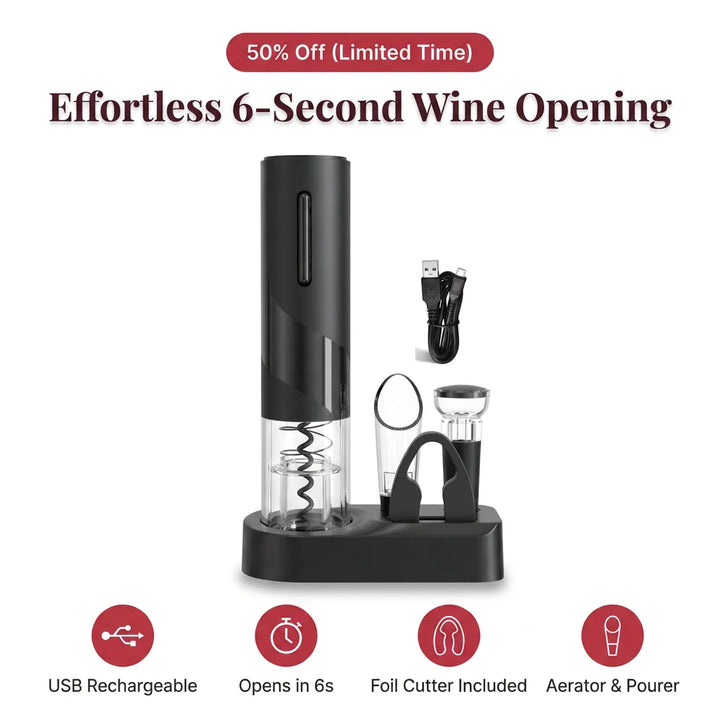 Electric Wine Bottle Opener Stainless Steel | One-Touch Cork Removal with Foil Cutter &amp; Aerator | Effortless Wine Service Set