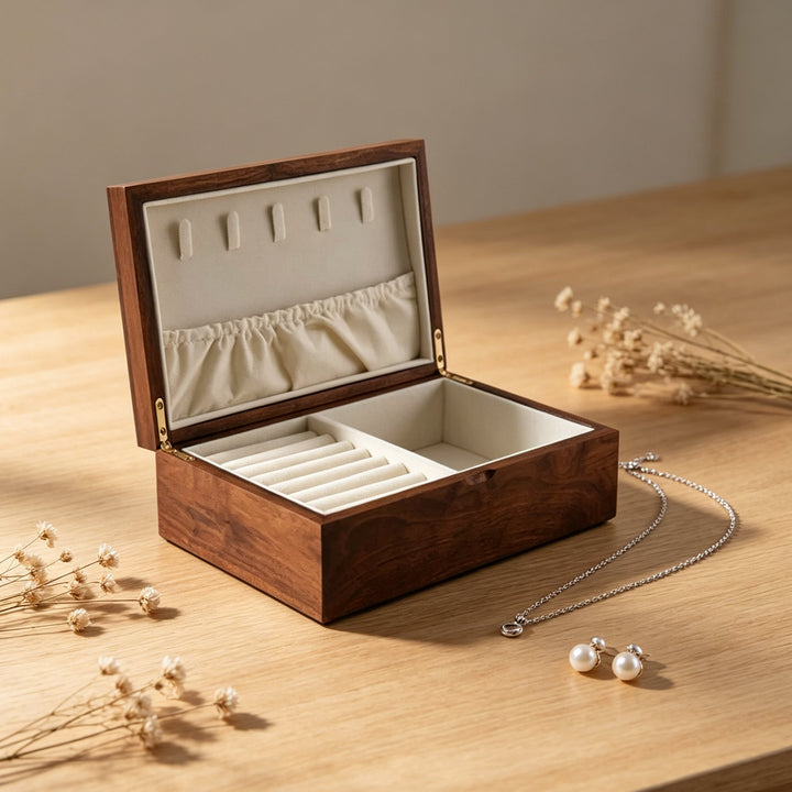 Elegant Walnut Jewelry Box | Dual-Layer Design with Velvet Lining for Organized Storage
