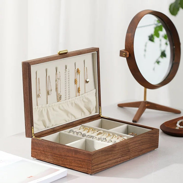 Elegant Walnut Jewelry Box | Dual-Layer Design with Velvet Lining for Organized Storage