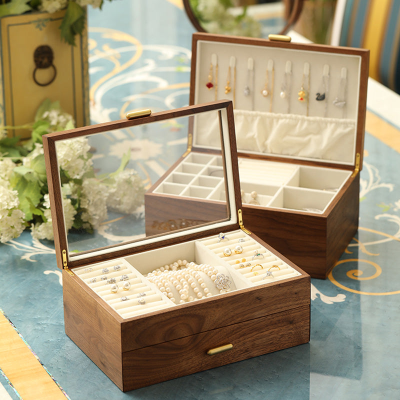 Elegant Walnut Jewelry Box | Dual-Layer Design with Velvet Lining for Organized Storage
