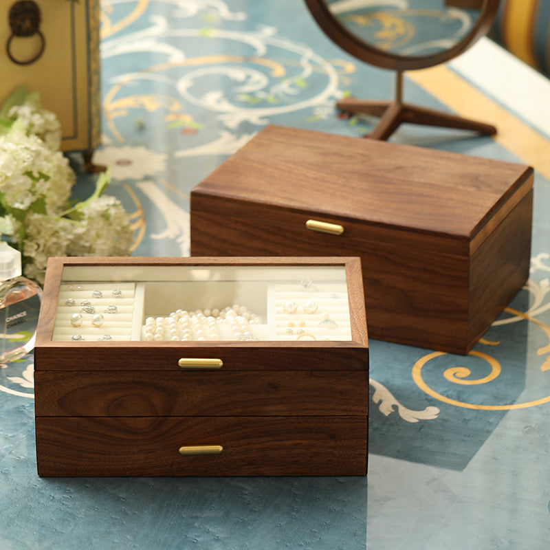 Elegant Walnut Jewelry Box | Dual-Layer Design with Velvet Lining for Organized Storage