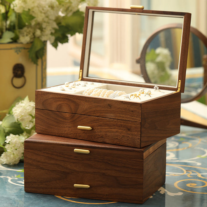 Elegant Walnut Jewelry Box | Dual-Layer Design with Velvet Lining for Organized Storage
