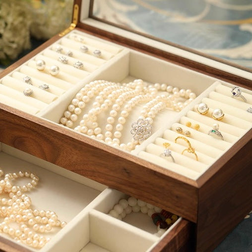 Elegant Walnut Jewelry Box | Dual-Layer Design with Velvet Lining for Organized Storage