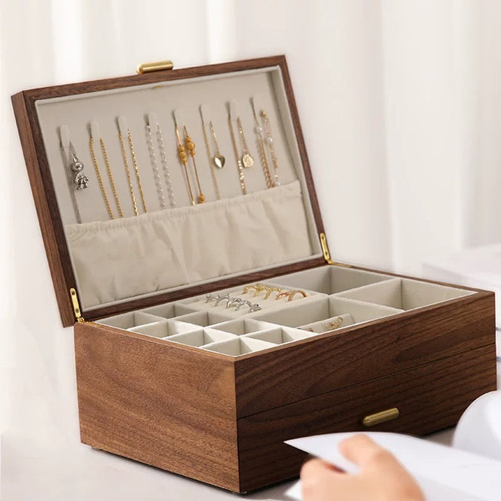 Elegant Walnut Jewelry Box | Dual-Layer Design with Velvet Lining for Organized Storage