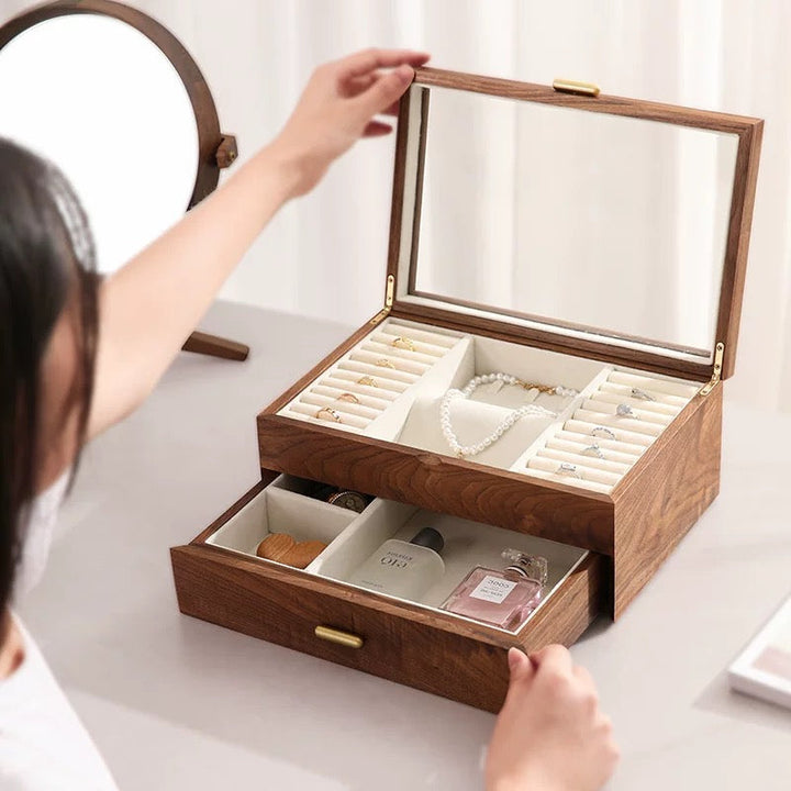 Elegant Walnut Jewelry Box | Dual-Layer Design with Velvet Lining for Organized Storage