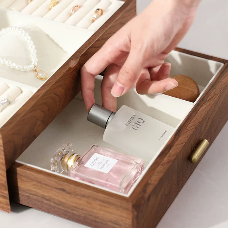 Elegant Walnut Jewelry Box | Dual-Layer Design with Velvet Lining for Organized Storage