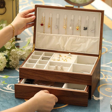 Elegant Walnut Jewelry Box | Dual-Layer Design with Velvet Lining for Organized Storage