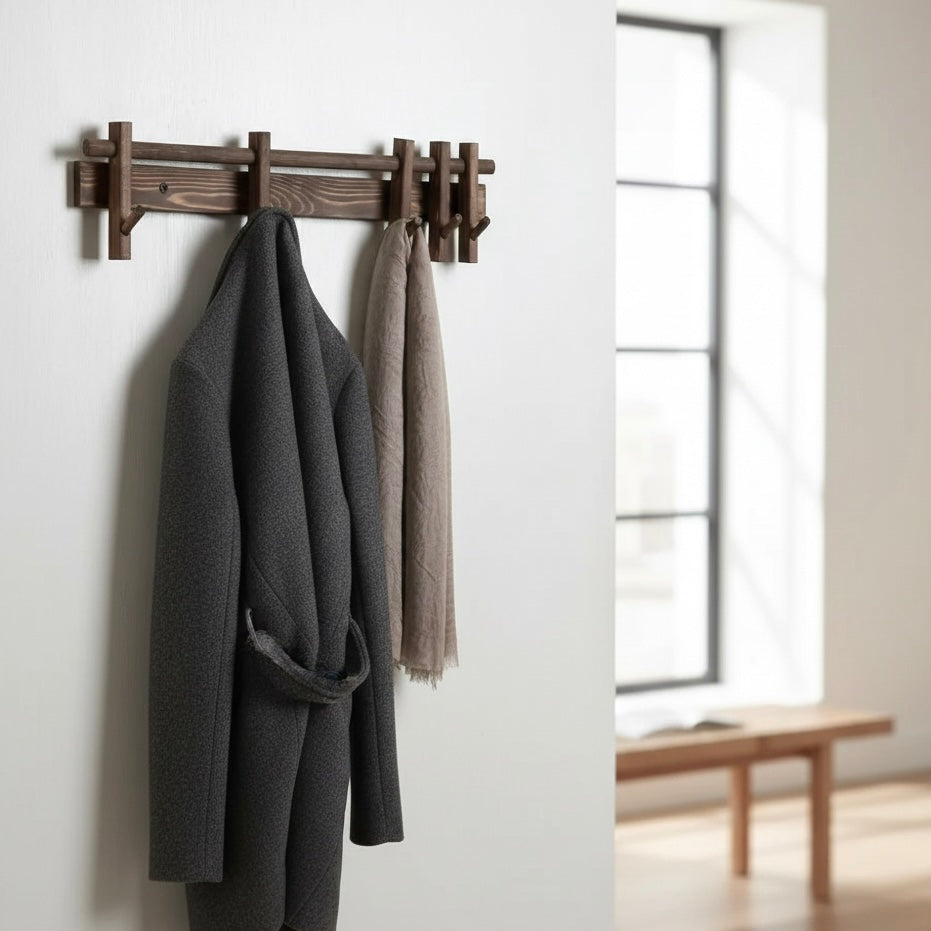 Elegant wall-mounted solid wood coat rack with 6 removable hooks for entryway, hallway, bedroom, or office organization