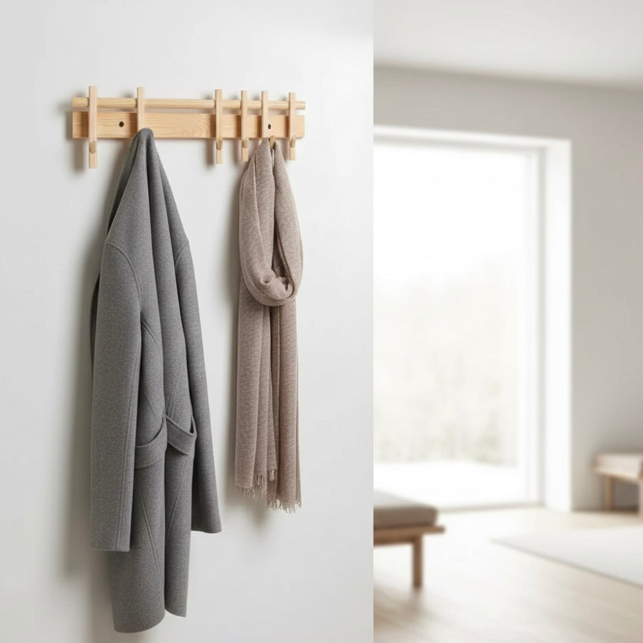 Elegant wall-mounted solid wood coat rack with 6 removable hooks for entryway, hallway, bedroom, or office organization