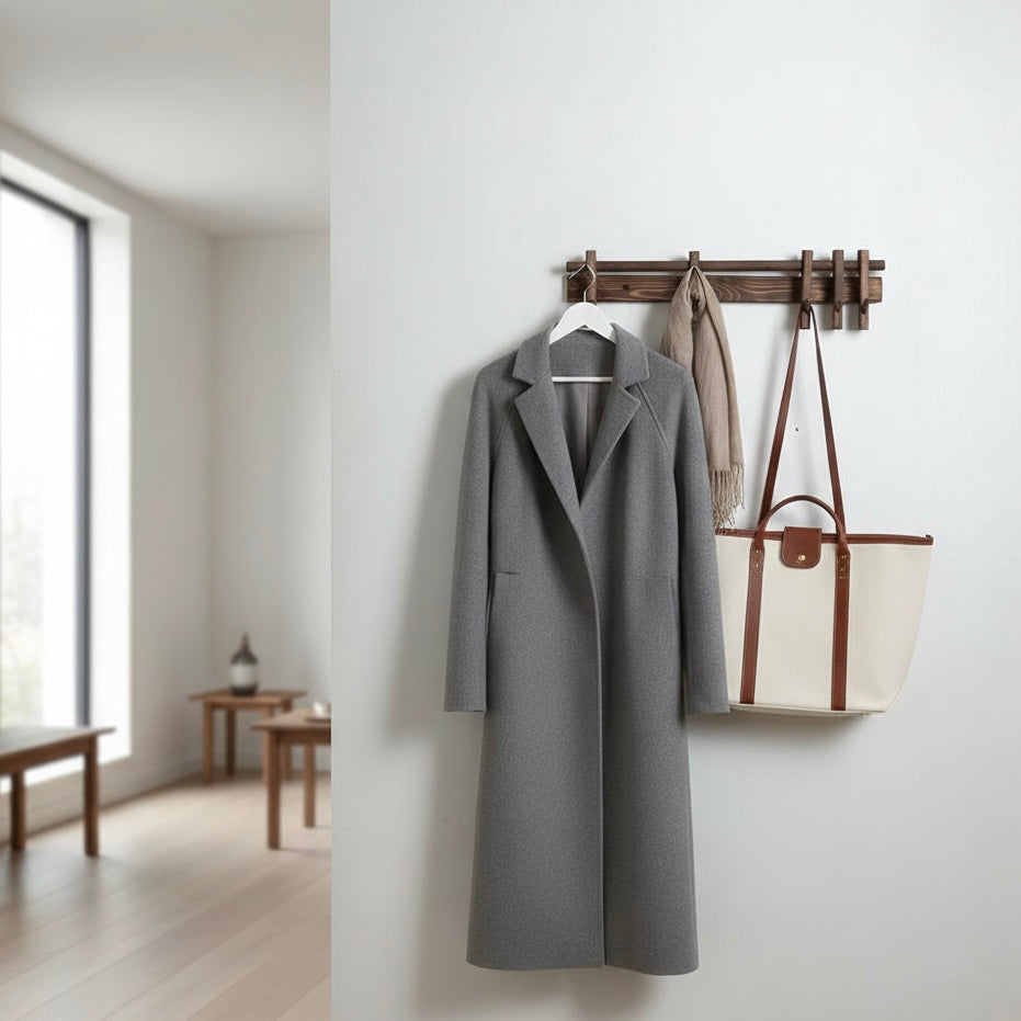 Elegant wall-mounted solid wood coat rack with 6 removable hooks for entryway, hallway, bedroom, or office organization