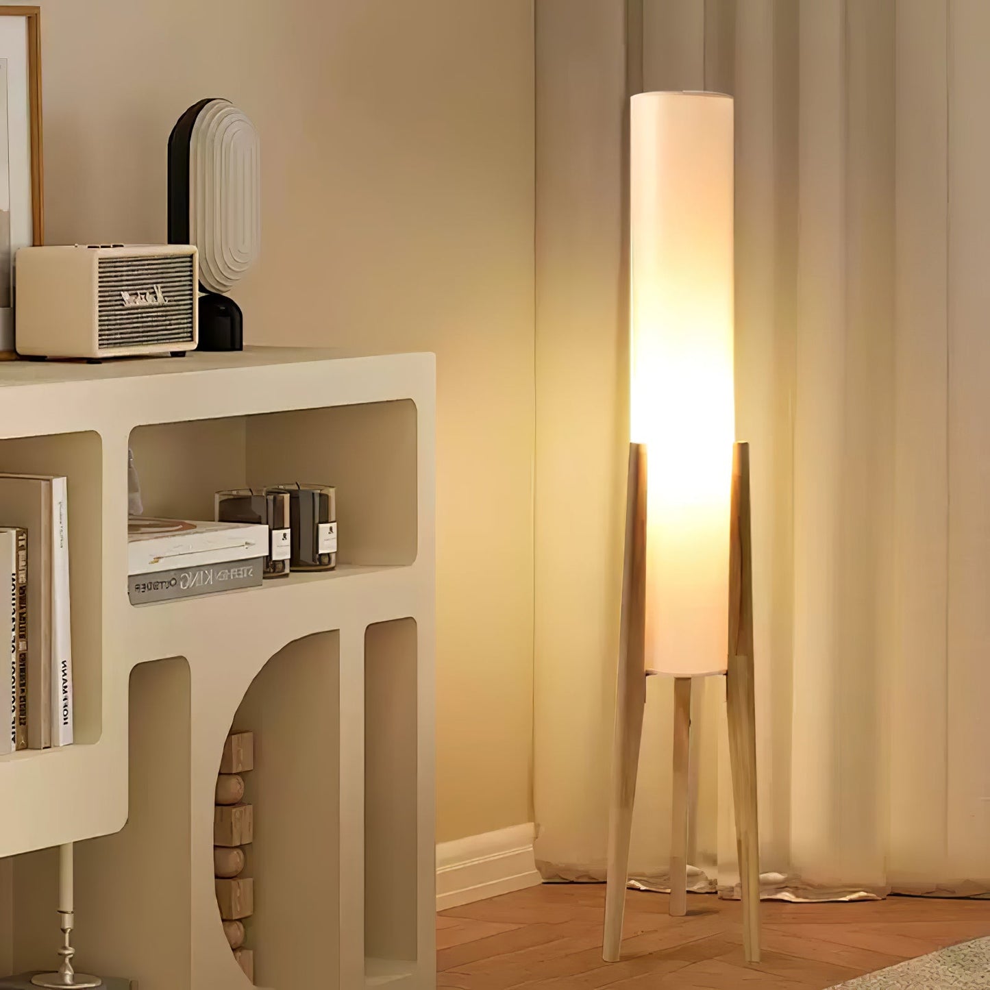 Elegant Walnut Tripod Floor Lamp with Fabric Shade | Modern Design for Stylish Living Rooms 3