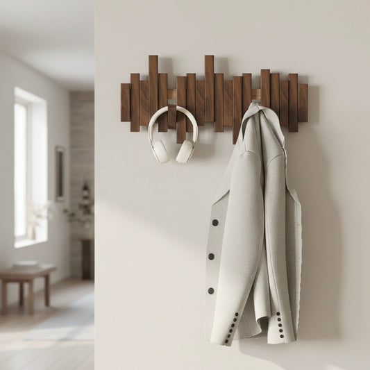 Elegant wooden wall-mounted coat hook with minimalist design for coats, bags, and accessories