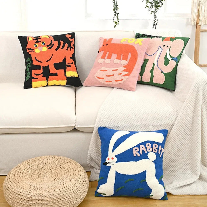 Embroidered Animal Cushion Cover, 45 x 45 cm | Nordic Fox, Tiger, Elephant, Rabbit, Hema Styles | Soft Polyester-Cotton Blend