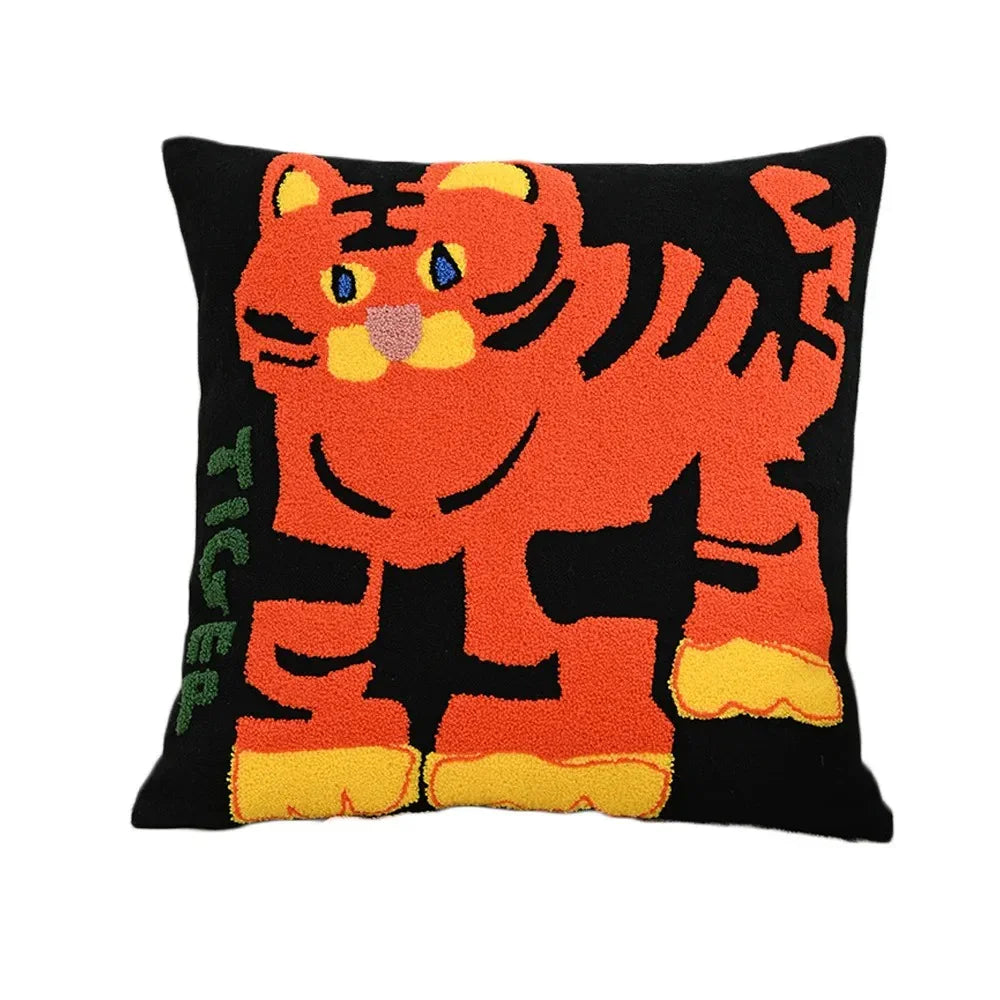 Embroidered Animal Cushion Cover, 45 x 45 cm | Nordic Fox, Tiger, Elephant, Rabbit, Hema Styles | Soft Polyester-Cotton Blend