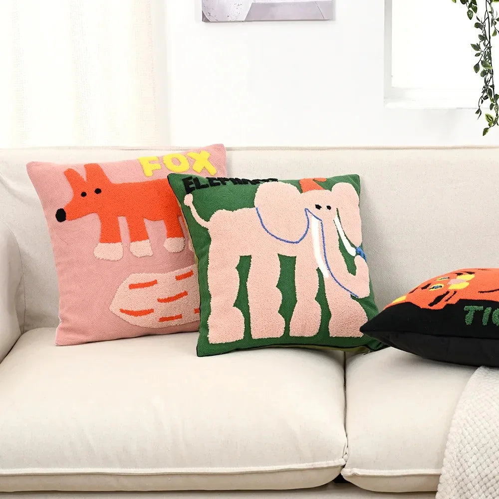 Embroidered Animal Cushion Cover, 45 x 45 cm | Nordic Fox, Tiger, Elephant, Rabbit, Hema Styles | Soft Polyester-Cotton Blend