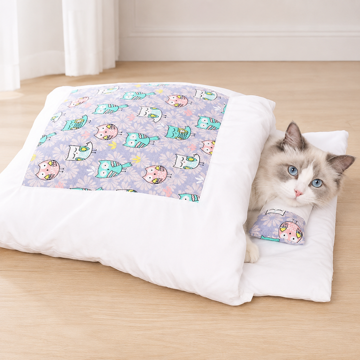 Enclosed Cat Cave Sleeping Bag Bed Plush Support Pillow