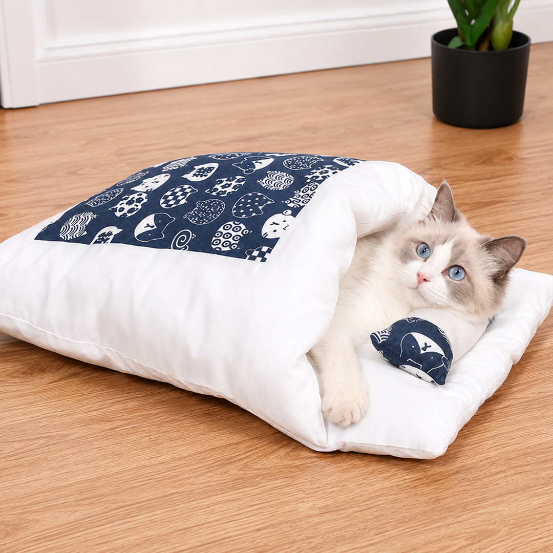Enclosed Cat Cave Sleeping Bag Bed Plush Support Pillow