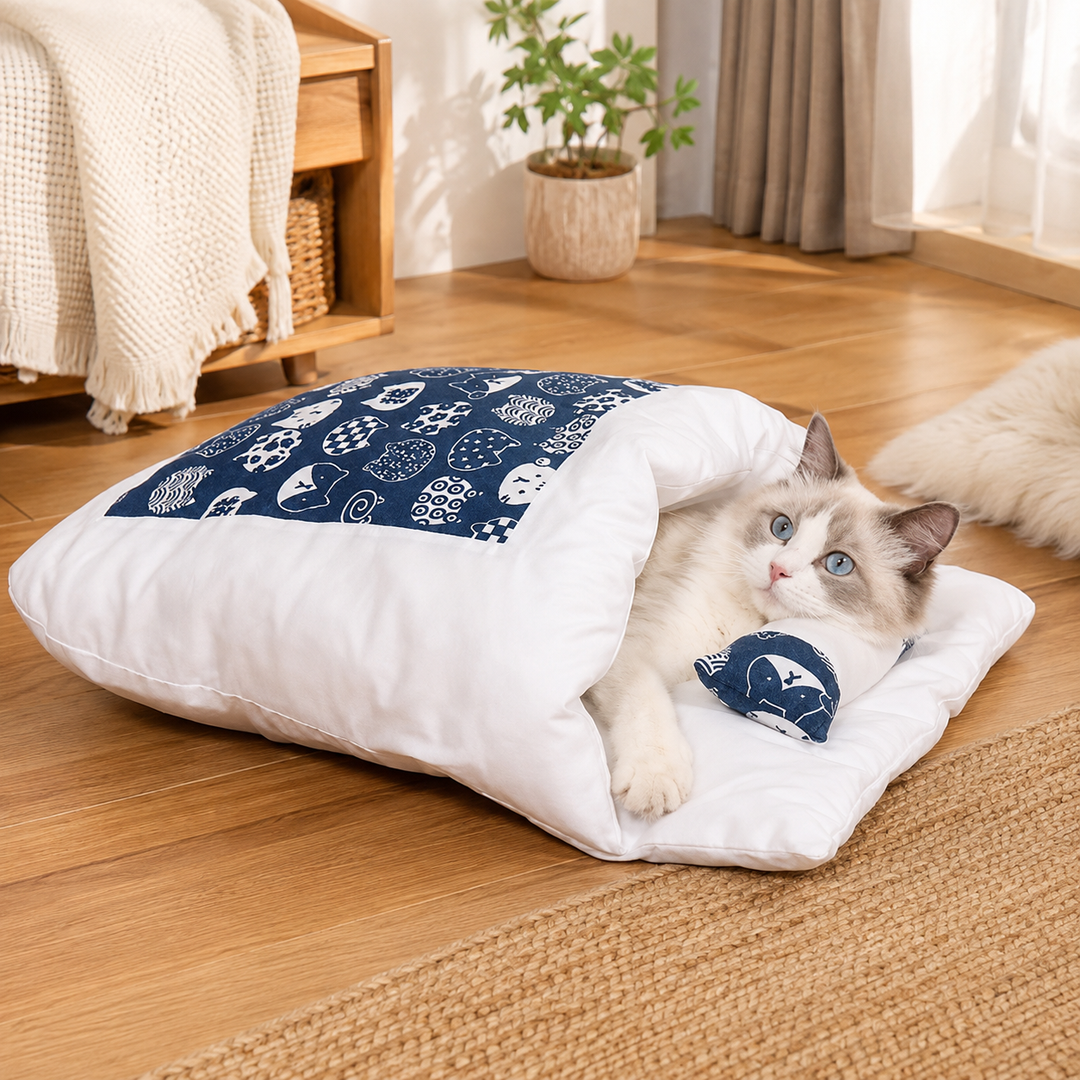 Enclosed Cat Cave Sleeping Bag Bed Plush Support Pillow