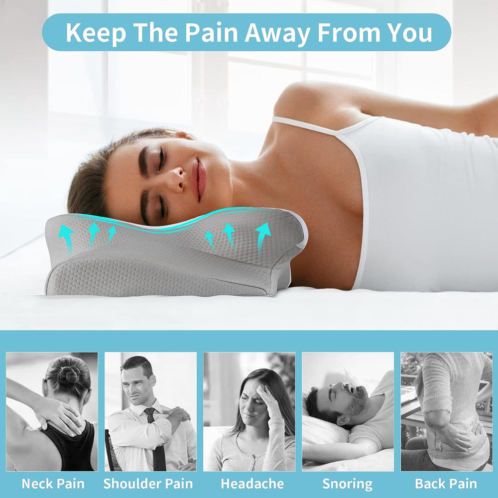 Ergonomic Cervical Neck Pillow | Memory Foam | 2 Heights | Removable Washable Cover | Back, Side & Stomach Sleepers